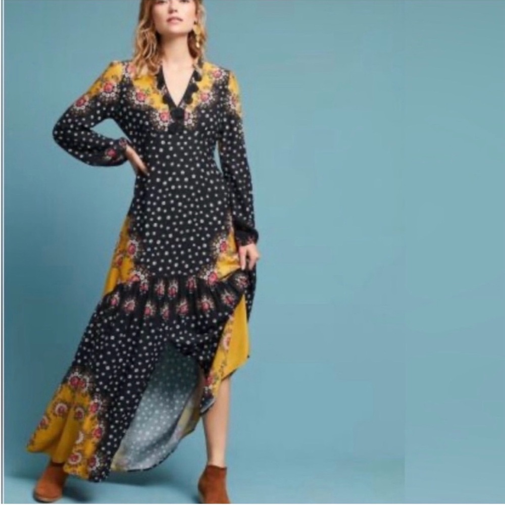 Farm Rio Long Sleeve Black and Yellow Floral Dress